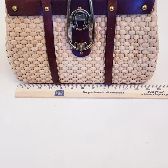 Etienne Aigner Vintage Woven Straw Double Handle Purse, Leather & Brass Details - Picture 11 of 16